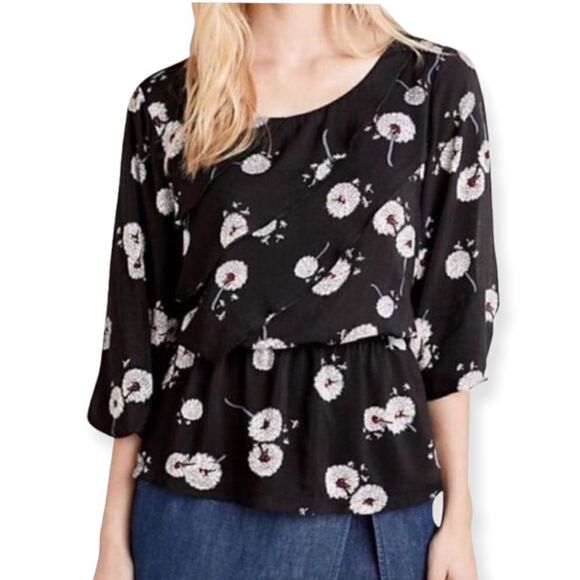 Anthropologie Deletta Wished Blooms Dandelion Black Top - Picture 1 of 10